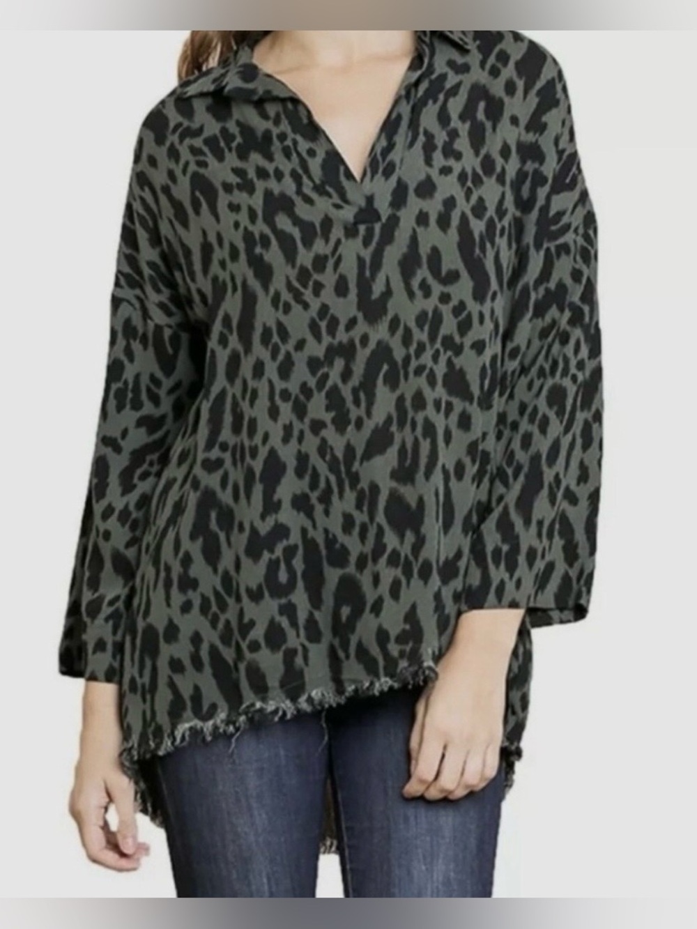Umgee Green and Black Rayon Animal Print Raw Hem Tunic